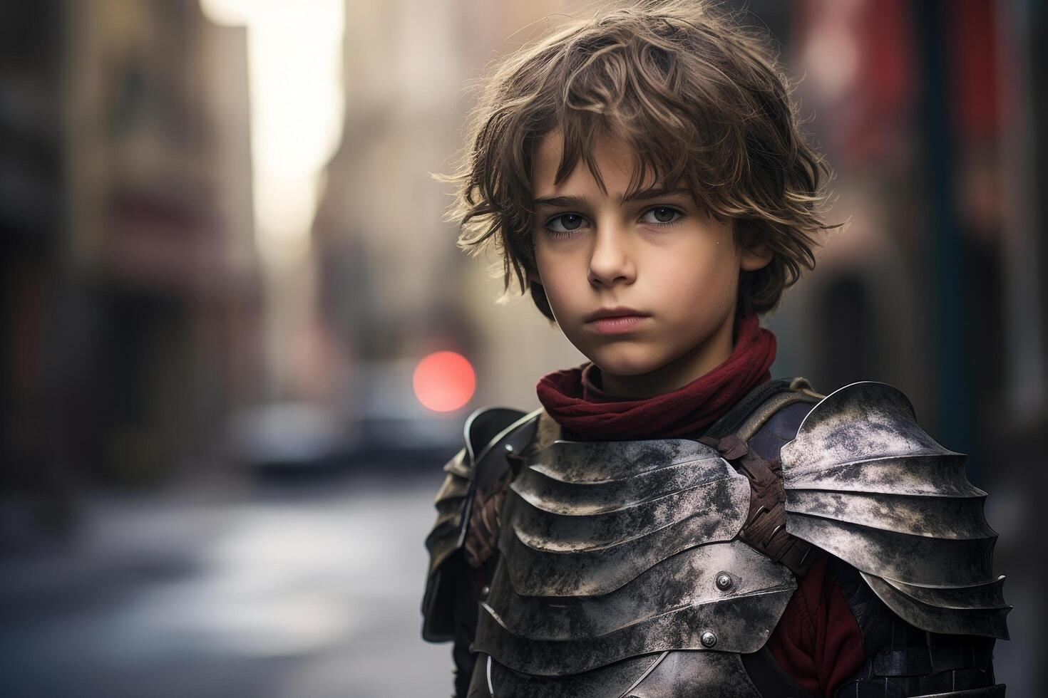 young warrior with armor and scarf in city photo