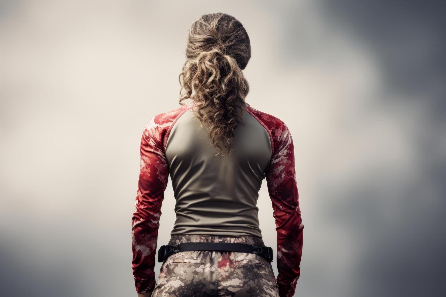woman with curly hair wearing red jacket and camouflage pants photo