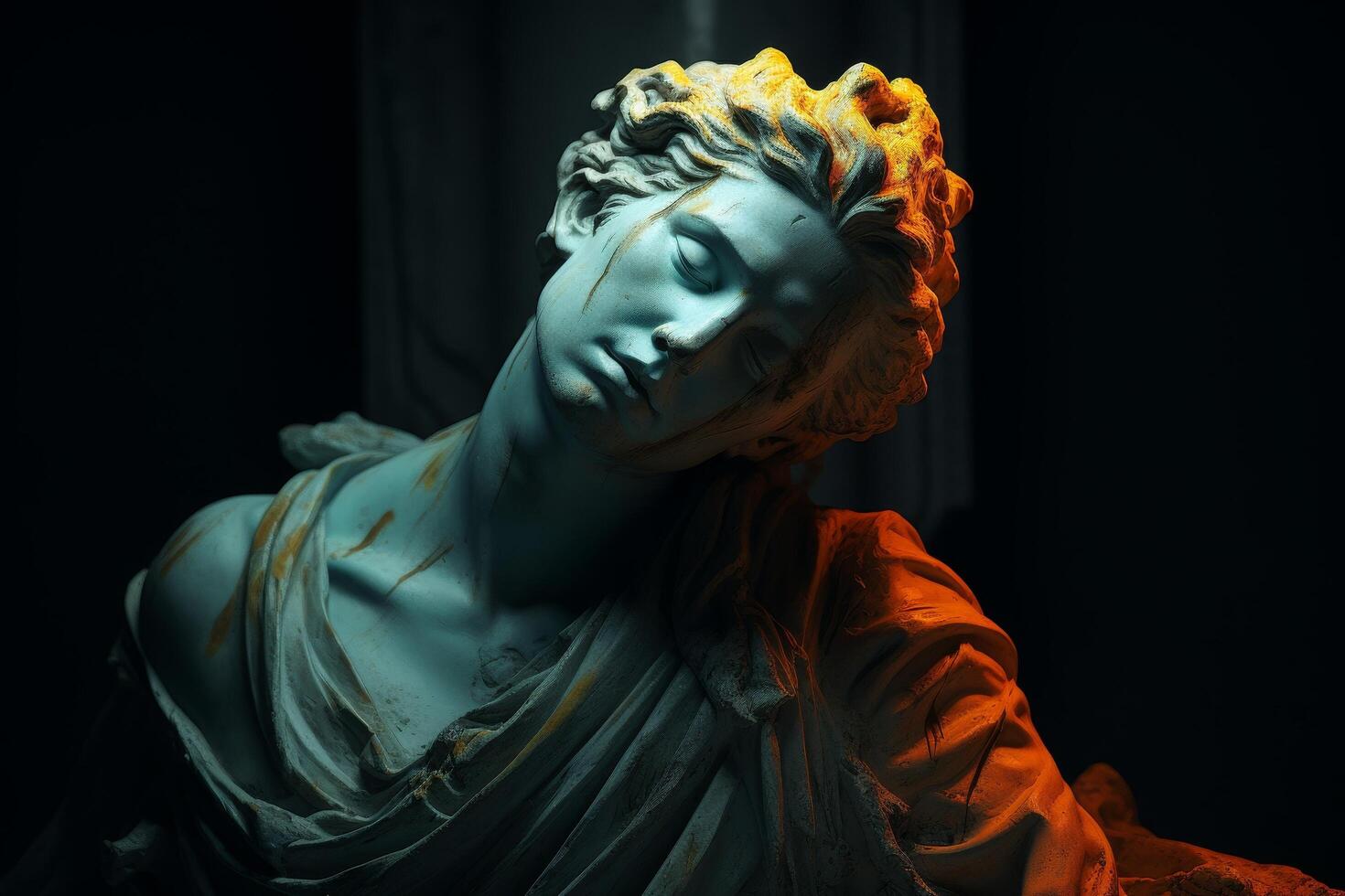 Dramatic portrait of a sleeping woman with vibrant hair and drapery photo