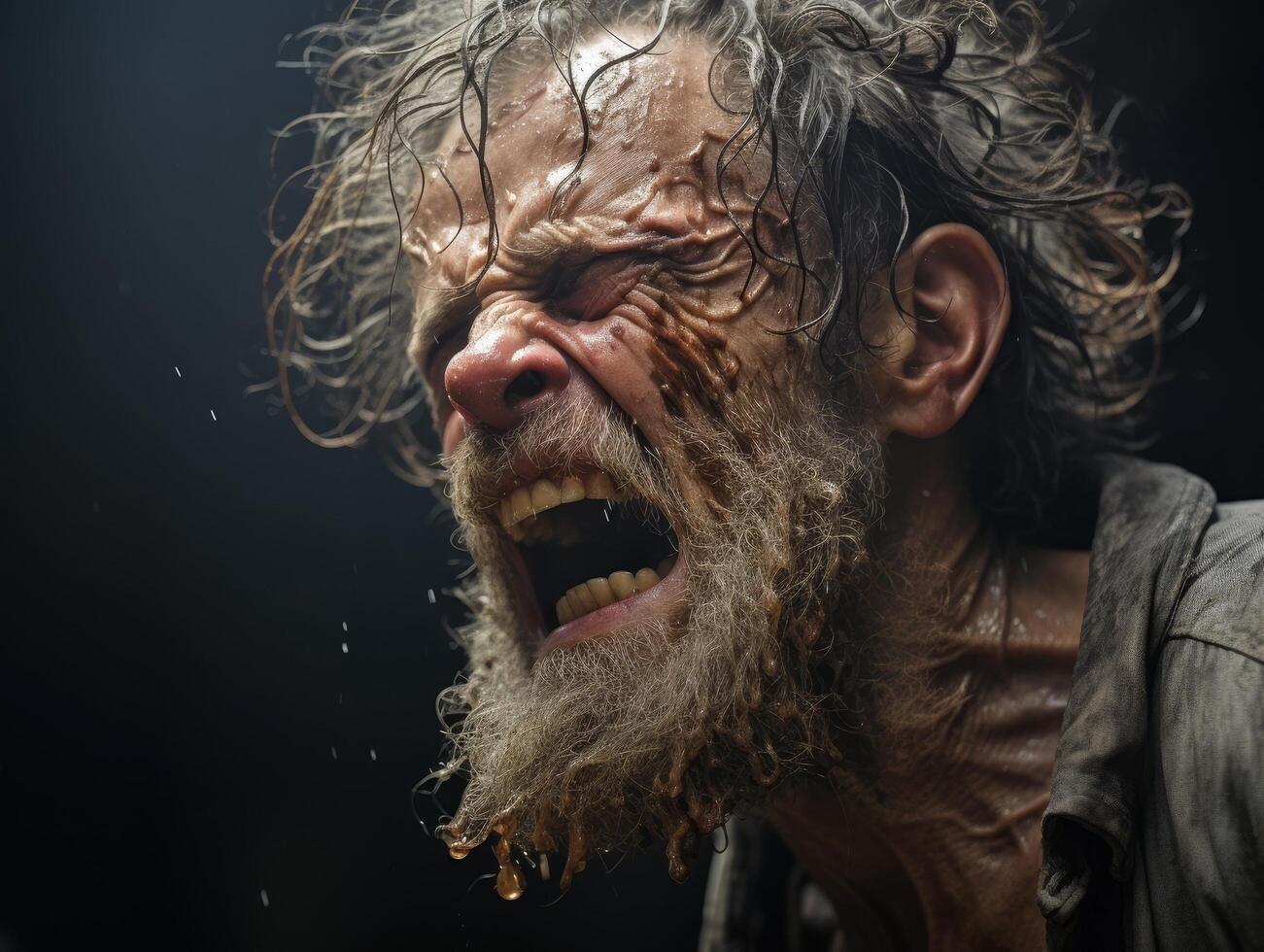 Intense expression of an elderly man with a long, wild beard photo
