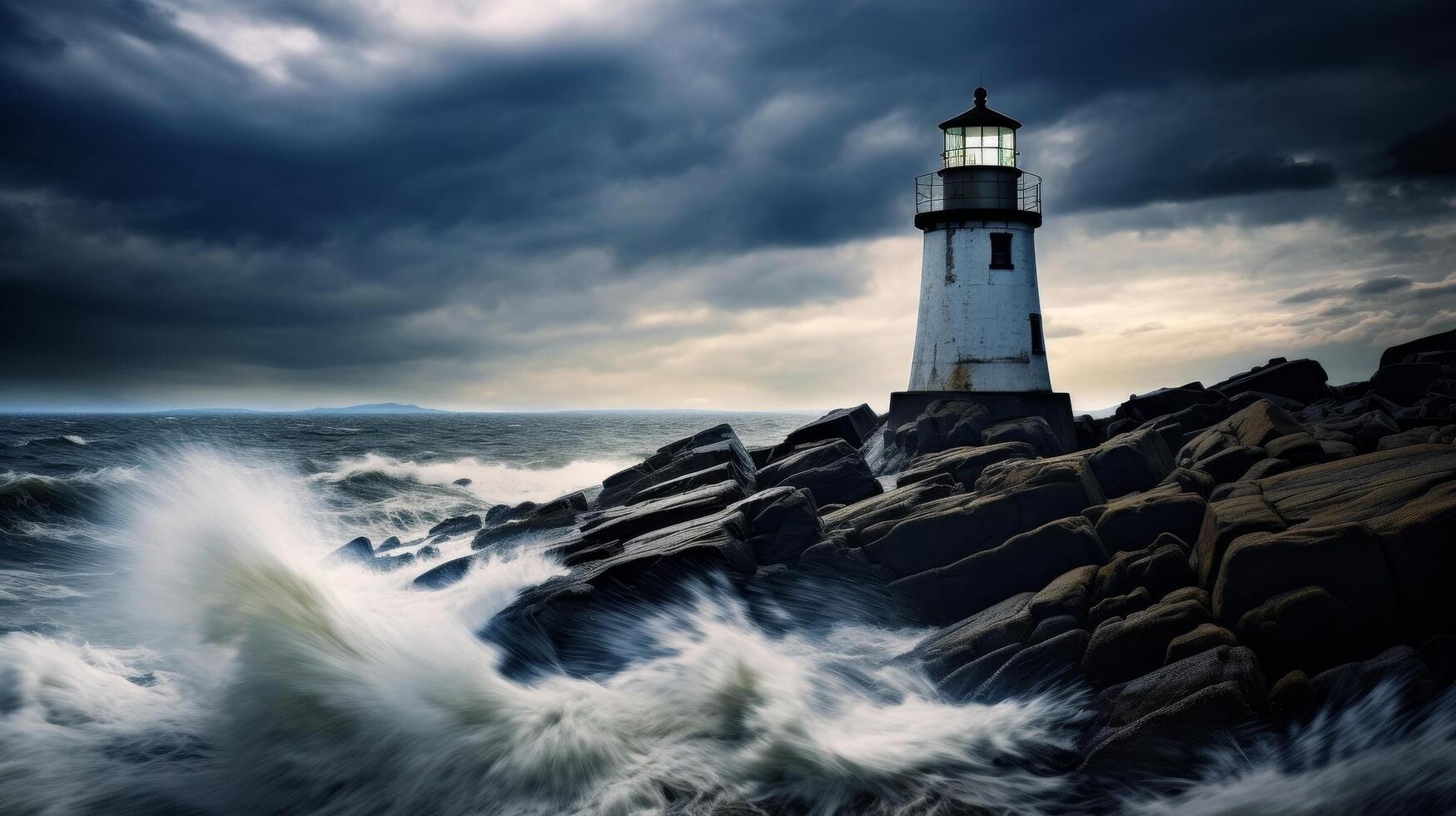 Stormy lighthouse scene with dramatic clouds and crashing waves photo