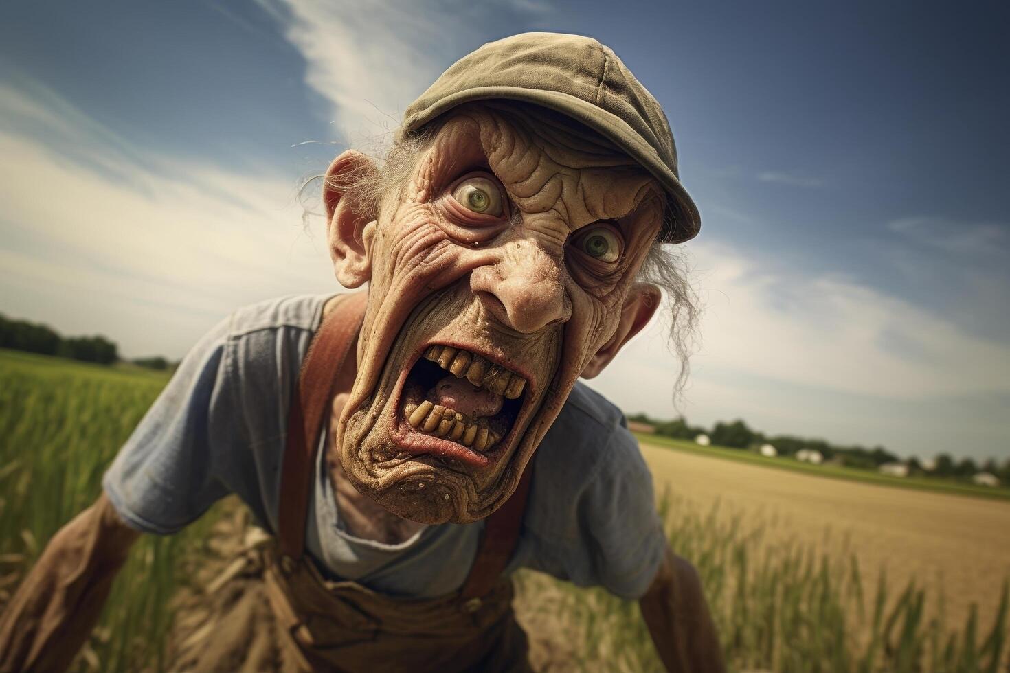 Creepy old man with exaggerated facial features in a field photo