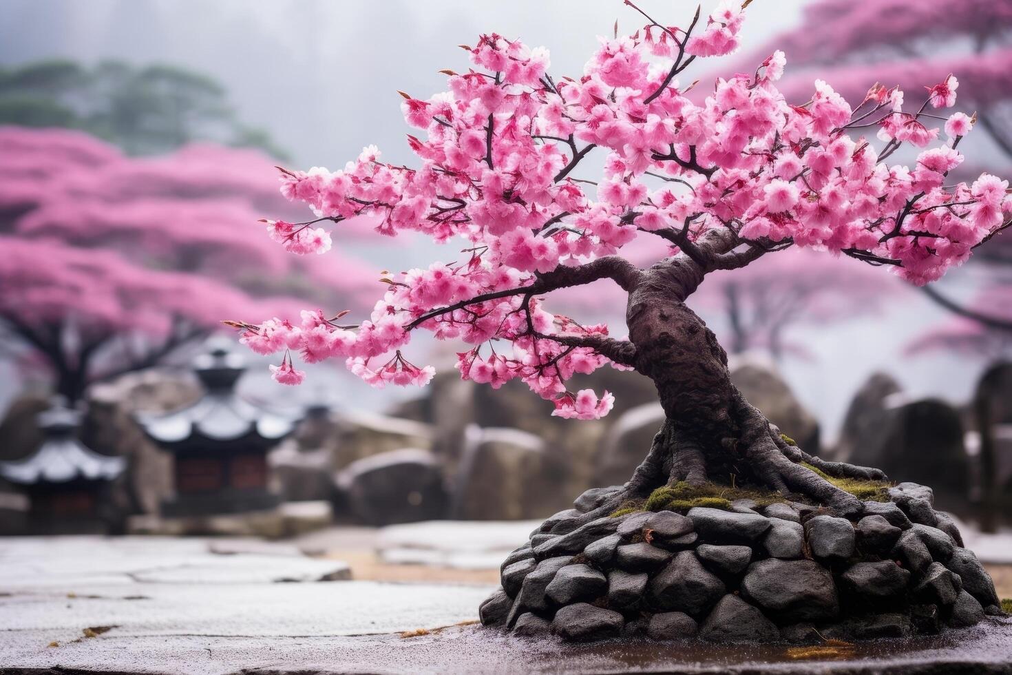 Blooming cherry blossom tree in japanese garden photo