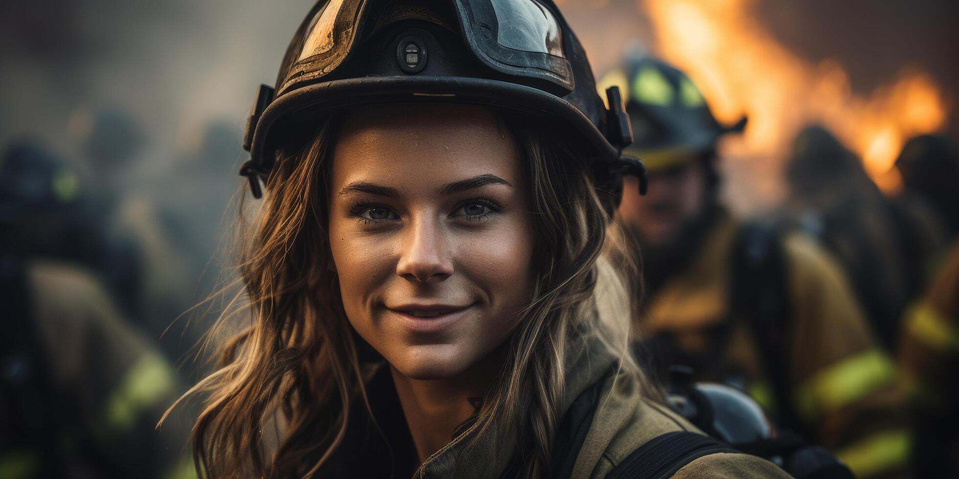 Confident female firefighter in protective gear photo