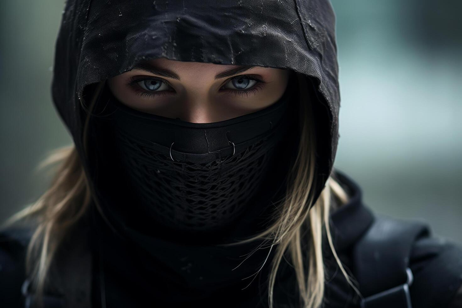 mysterious person in black mask and hood photo