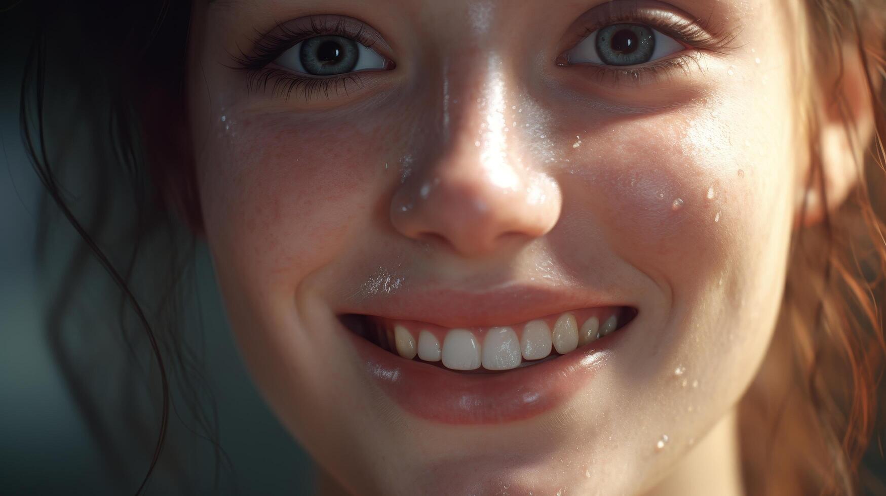 Closeup of a smiling womans face with water droplets photo