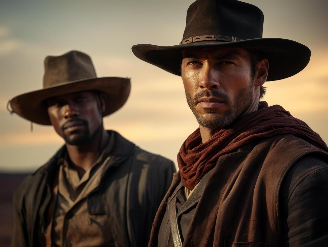 Two rugged cowboys standing in the desert photo