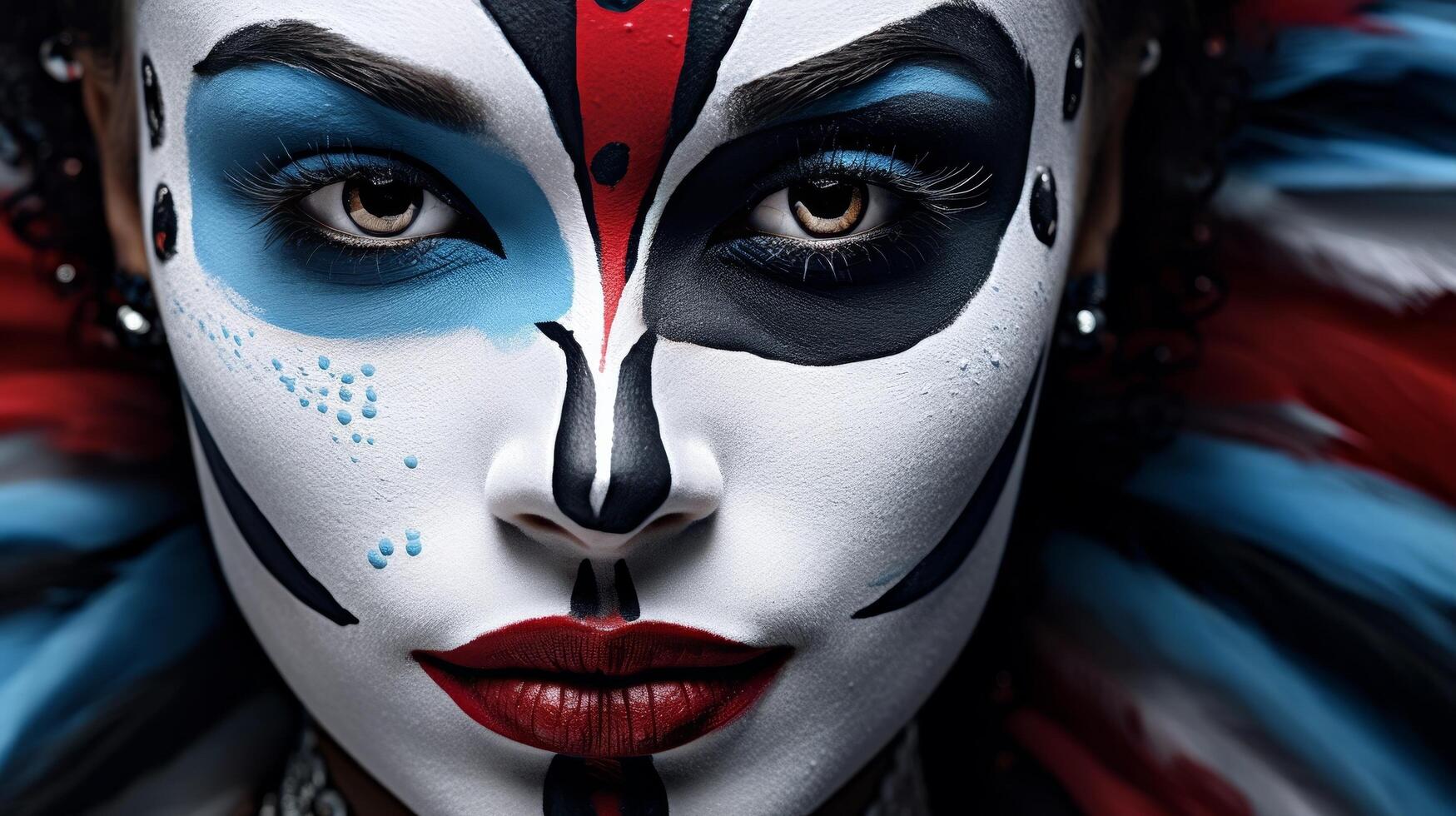 dramatic face makeup with blue and red accents photo