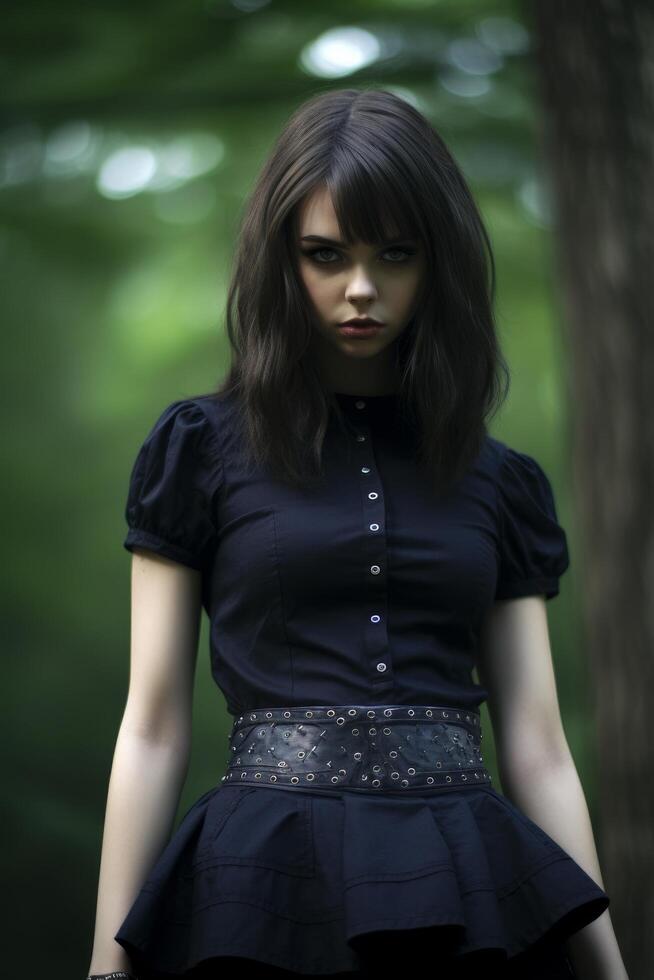 Mysterious woman in black dress in forest photo