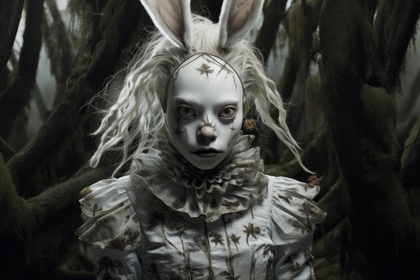 creepy clown doll in dark forest photo