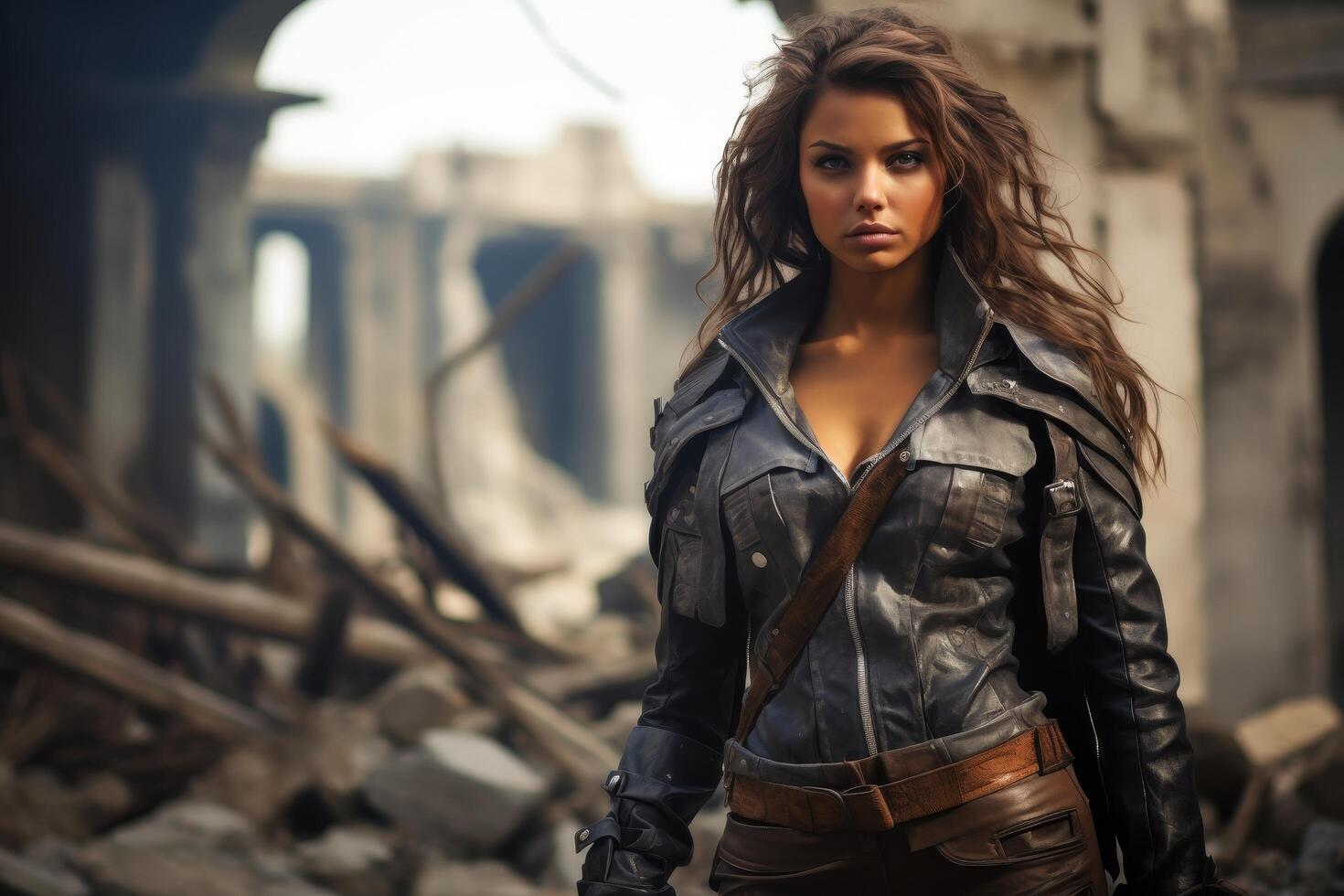 Fierce female warrior in post apocalyptic setting photo
