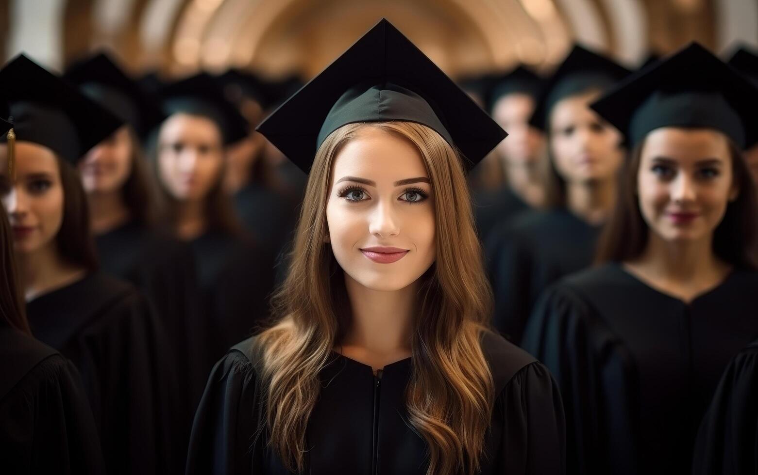 graduate student in cap and gown smiling at camera photo