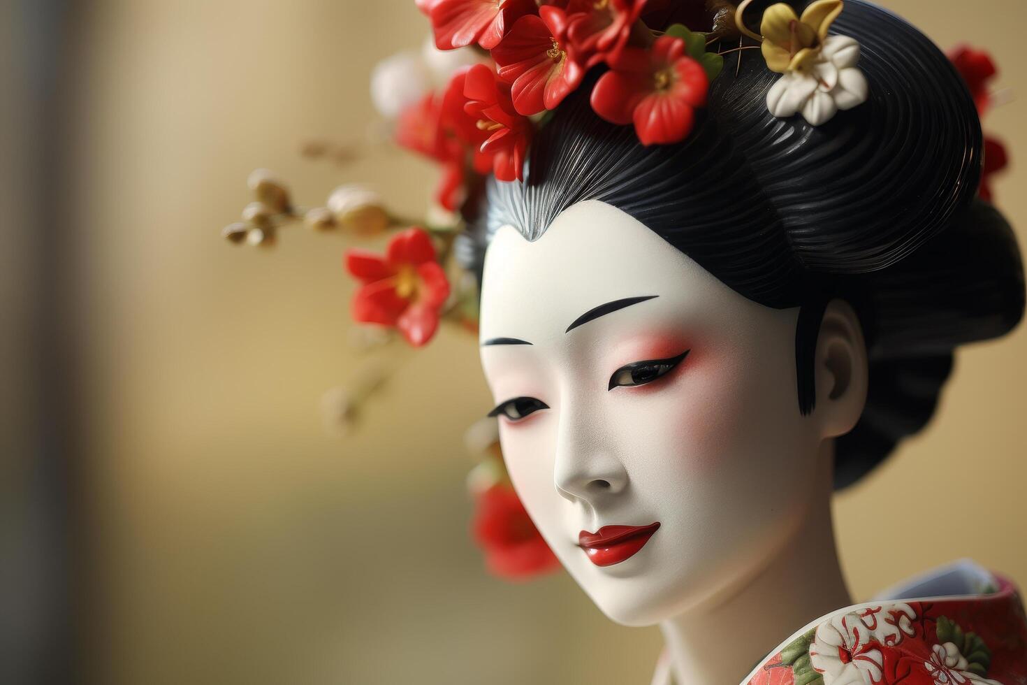 Elegant geisha portrait with red flowers photo