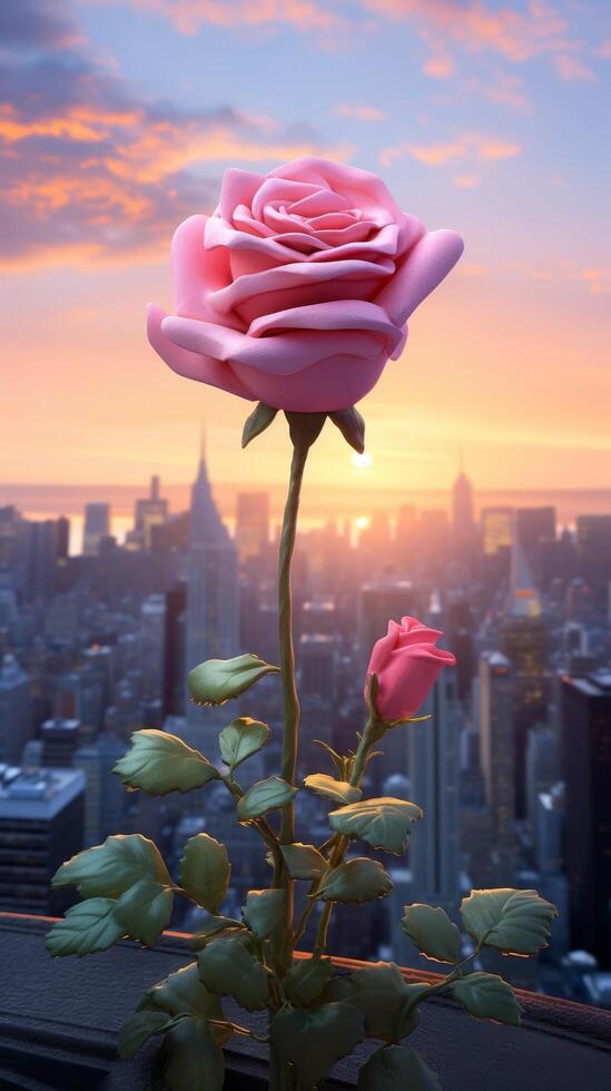 pink rose against city skyline at sunset photo
