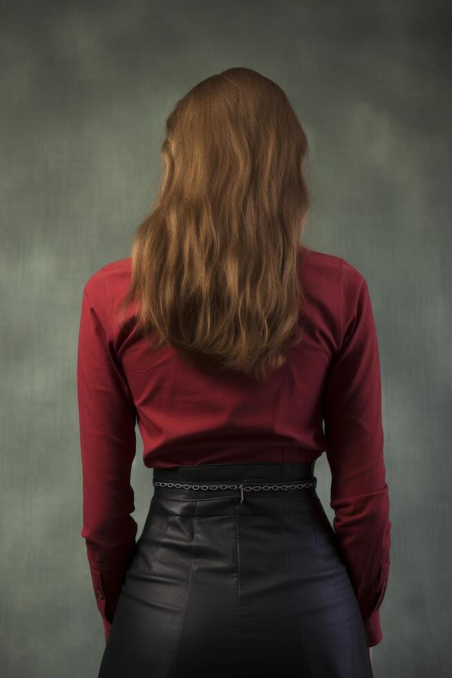 woman with long brown hair wearing red shirt and black skirt photo