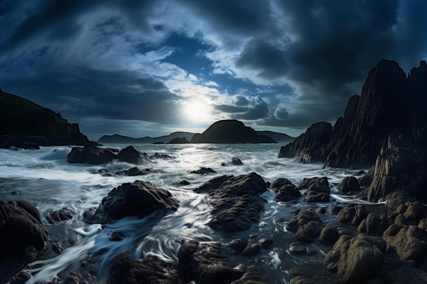 dramatic stormy seascape with rocky coastline photo