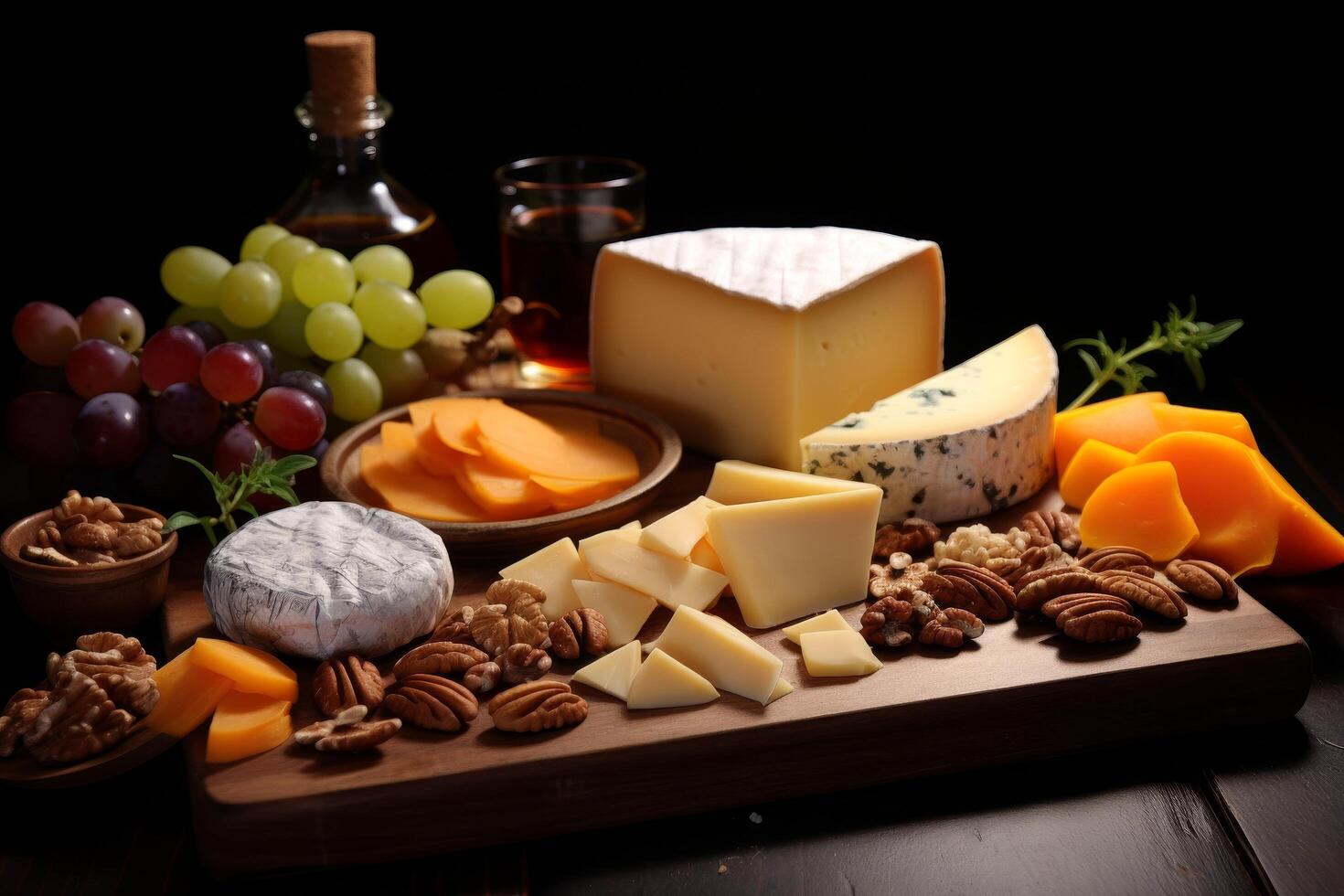 Assortment of gourmet cheeses, fruits, and nuts on a wooden board photo