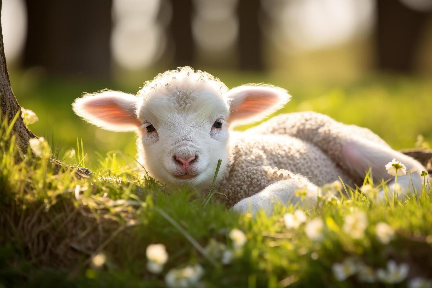 Adorable white lamb in a field of flowers photo