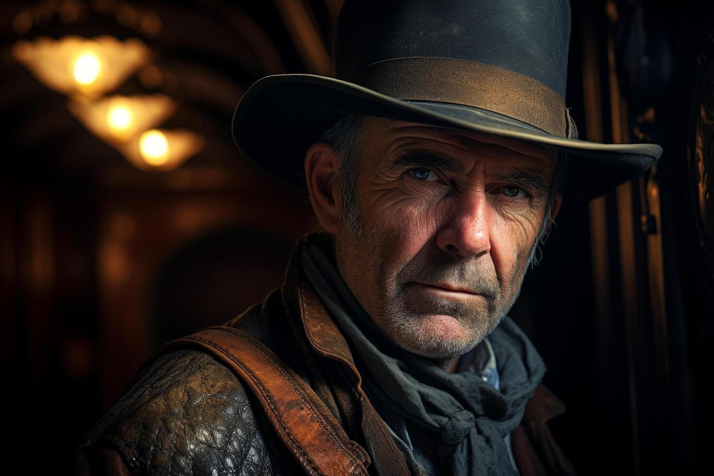 Rugged cowboy with weathered face and hat photo