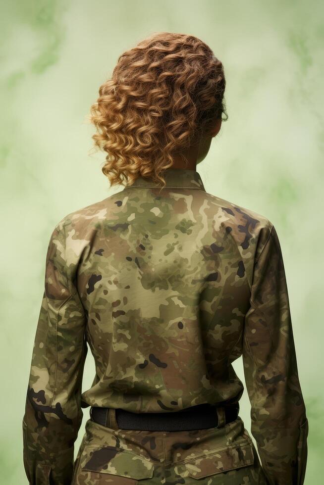 Curly haired soldier in camouflage uniform photo