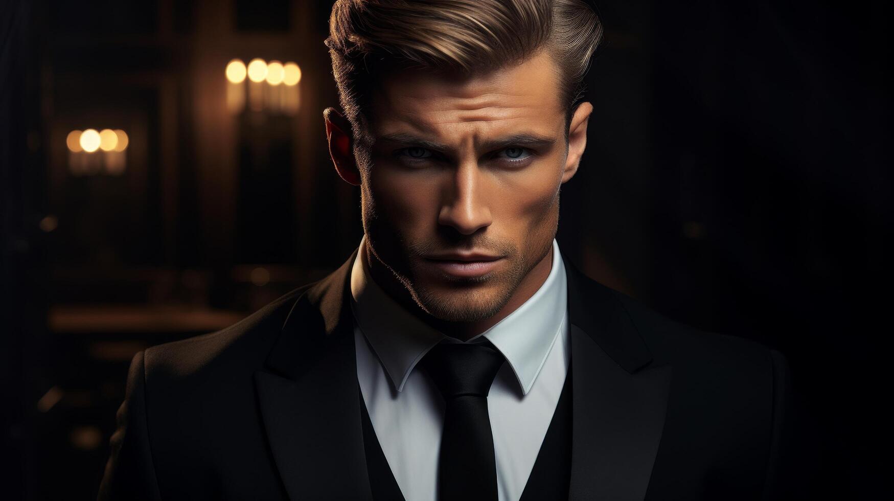 dashing businessman in a dark suit and tie photo