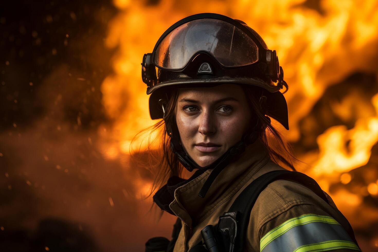 Determined firefighter in action during a blaze photo