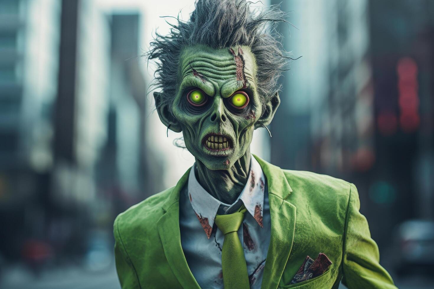 Creepy zombie businessman with glowing eyes photo