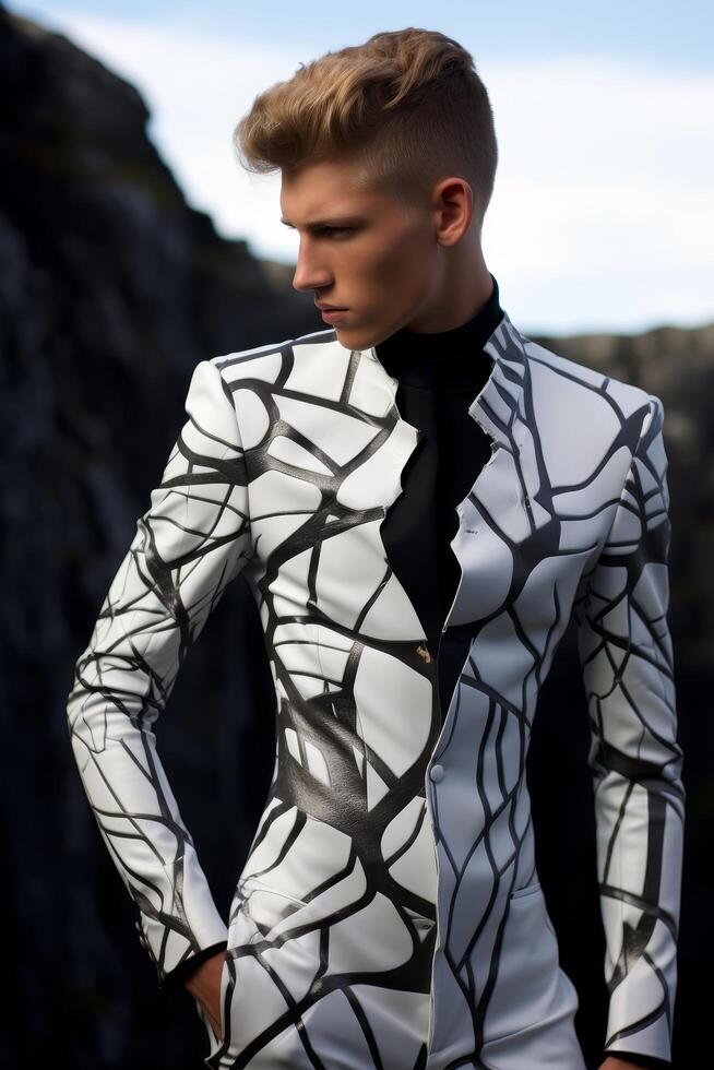 Stylish young man in abstract patterned jacket photo
