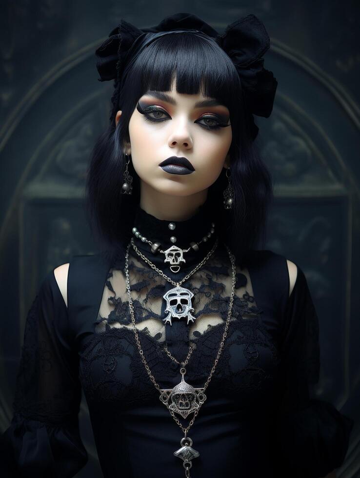 gothic fashion portrait with dark makeup and jewelry photo