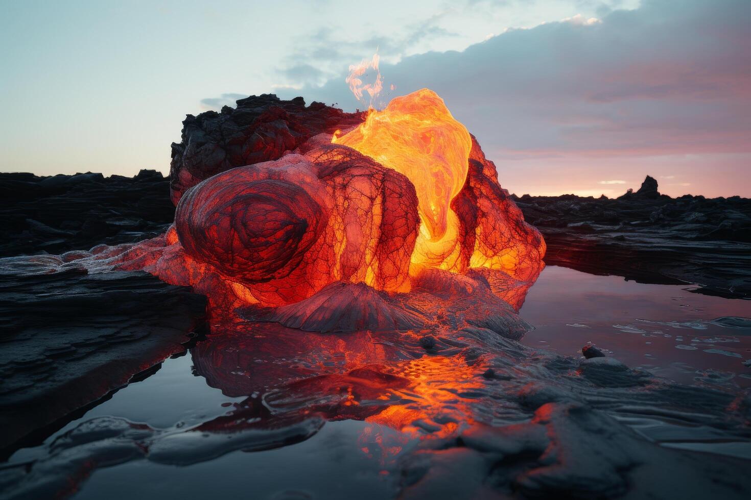 Glowing lava flow at sunset photo
