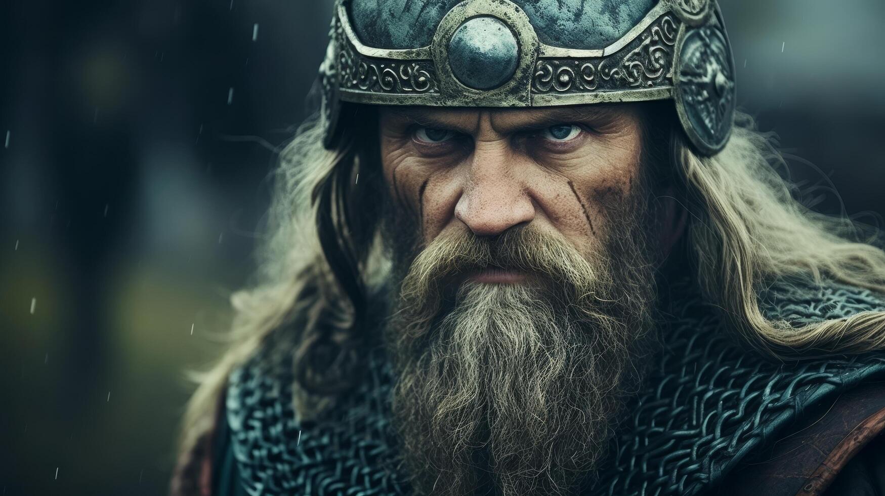 Fierce Viking warrior with long beard and helmet photo