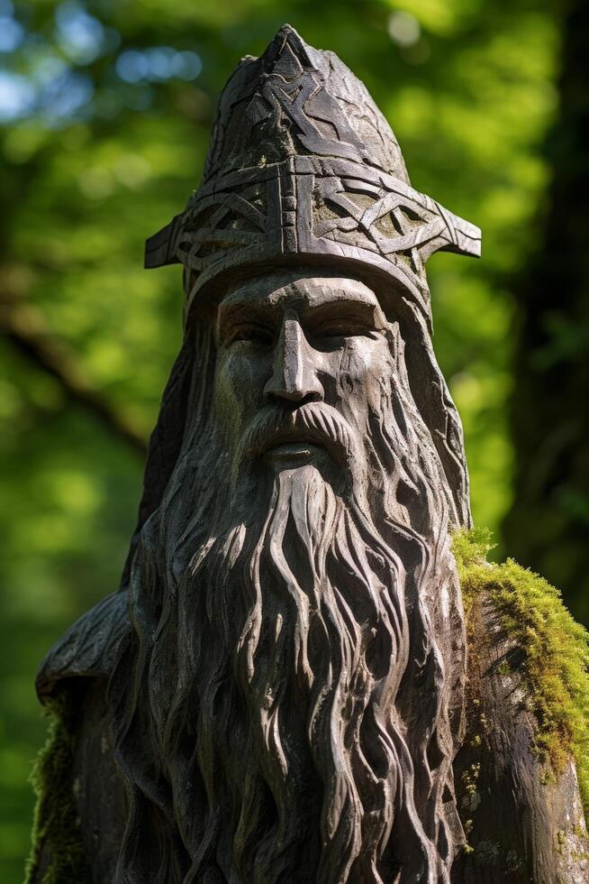 Detailed carved wooden statue of a bearded man with a helmet photo