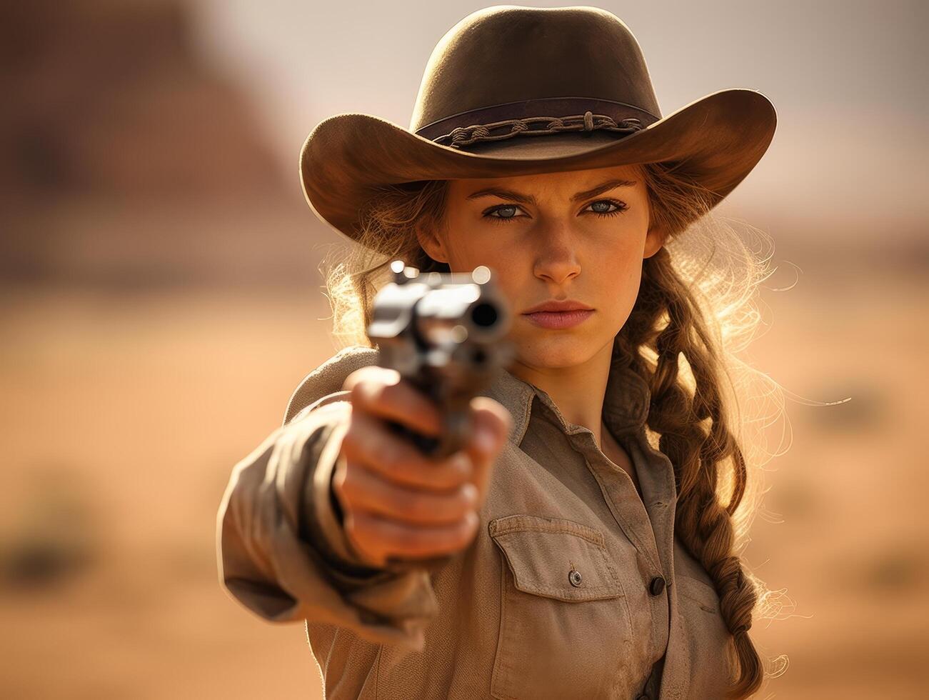 Determined cowgirl aiming gun in desert photo