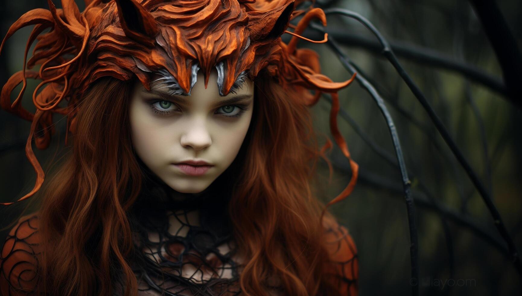 Mysterious redheaded woman with ornate headpiece photo
