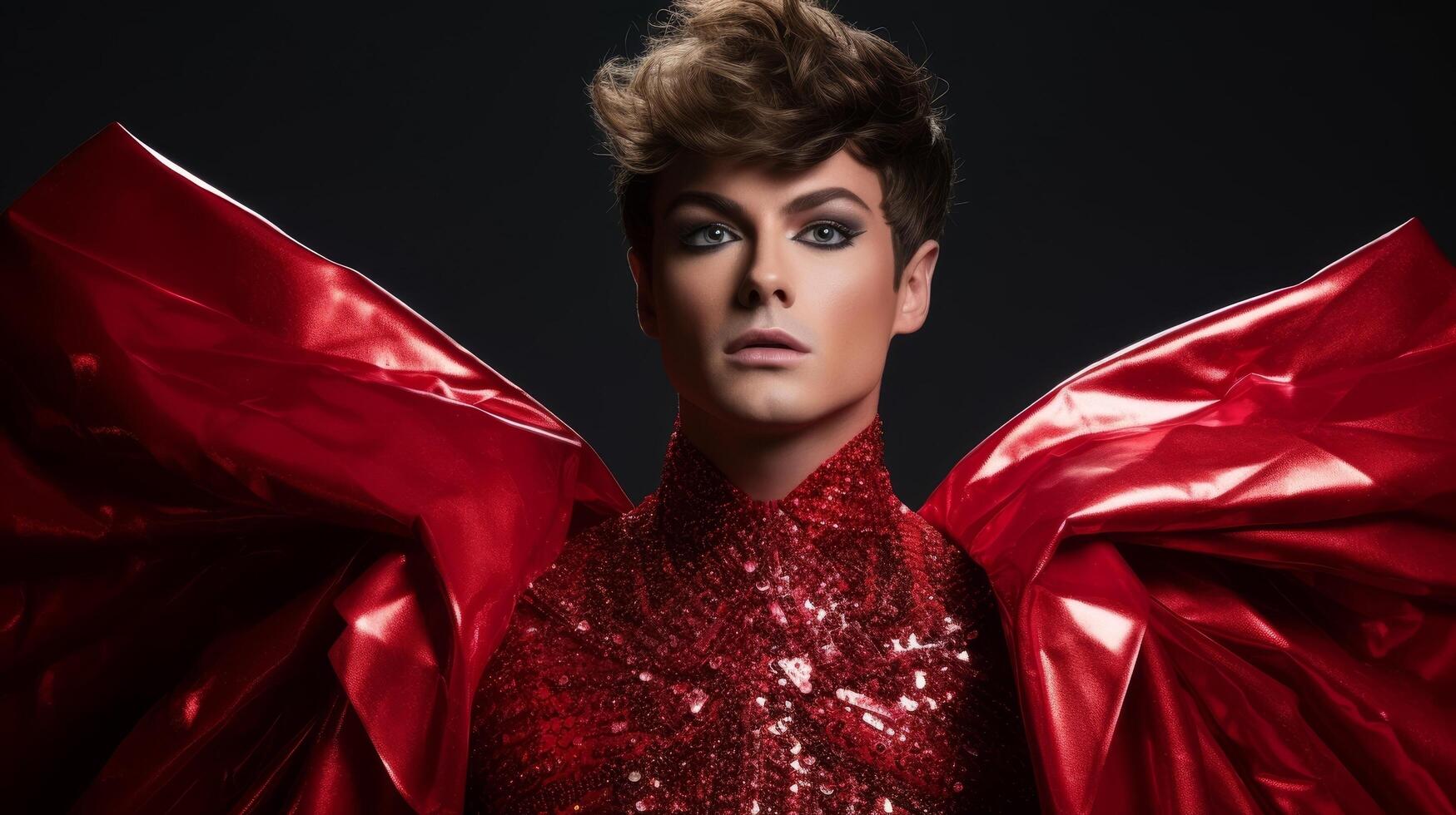 dramatic portrait of a person in a red sequin outfit photo