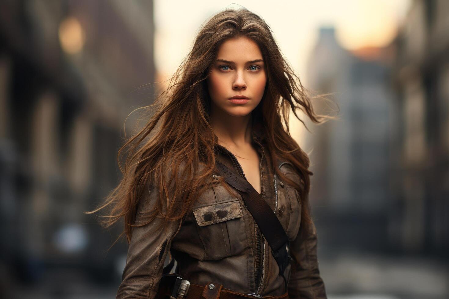 Determined woman with windblown hair in urban setting photo