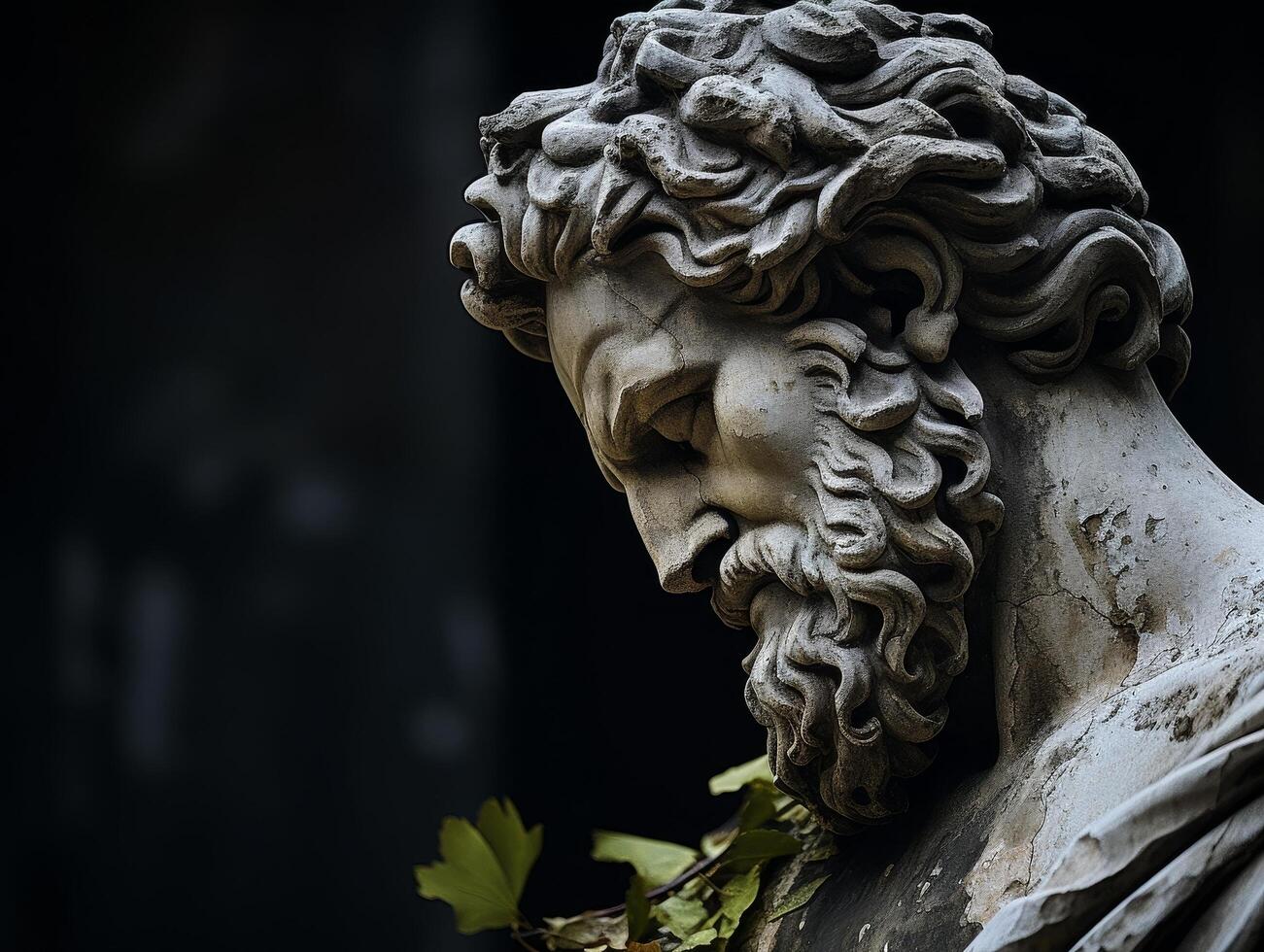 Weathered stone sculpture of a pensive figure photo