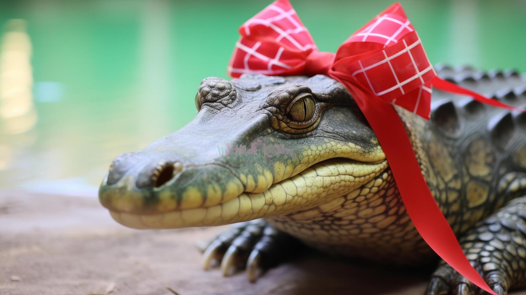 festive alligator with red bow photo