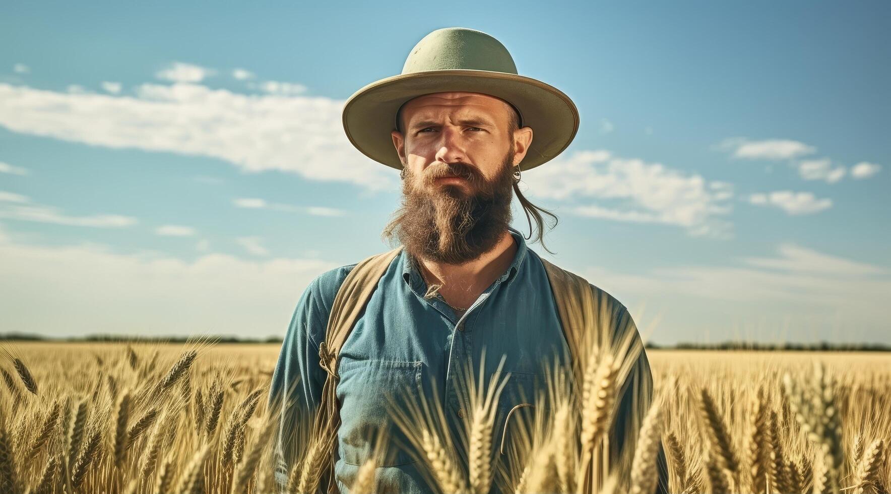 Bearded farmer standing in wheat field photo