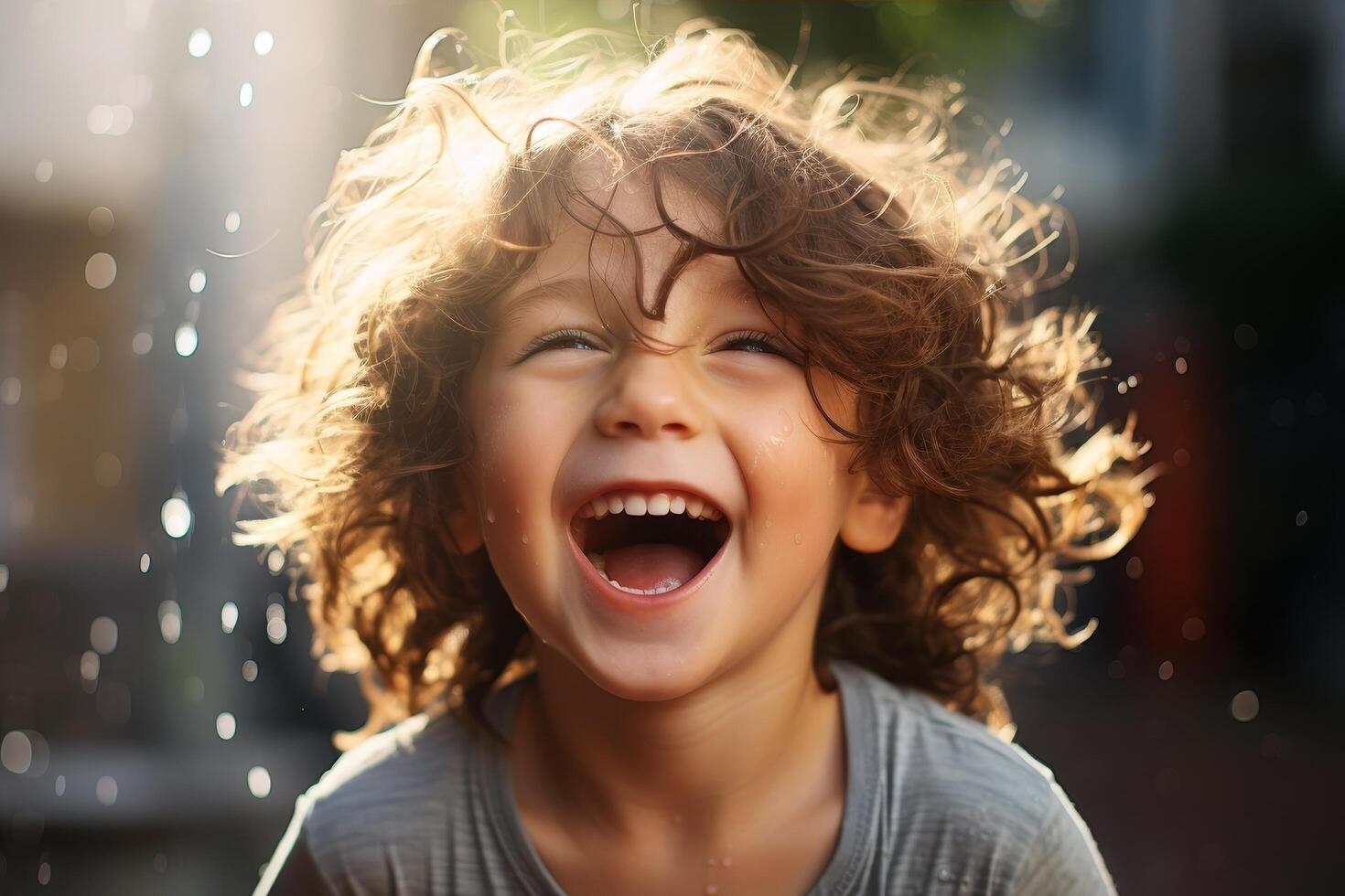 Joyful child with curly hair laughing photo