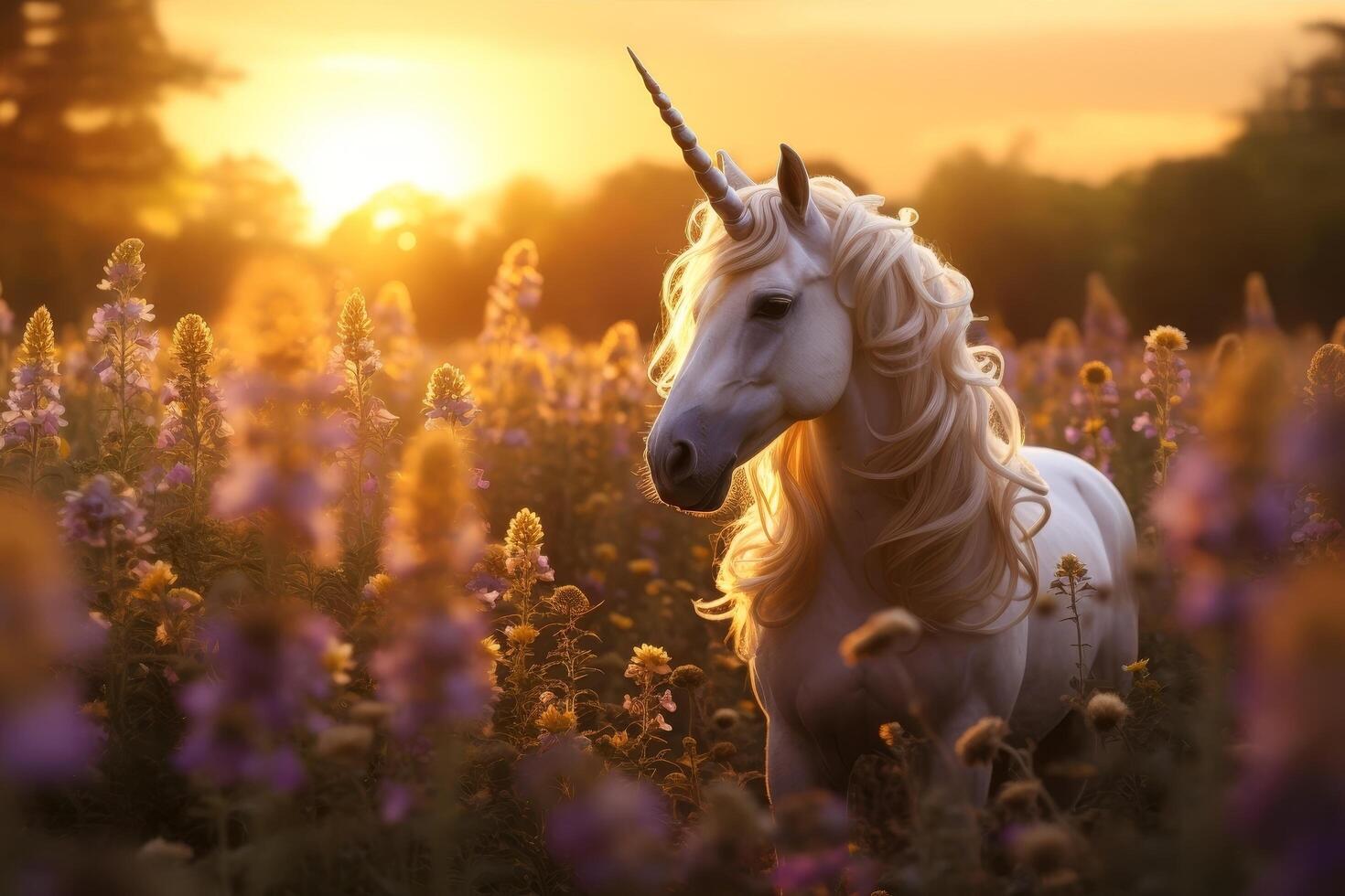 Magical unicorn in a field of flowers at sunset photo