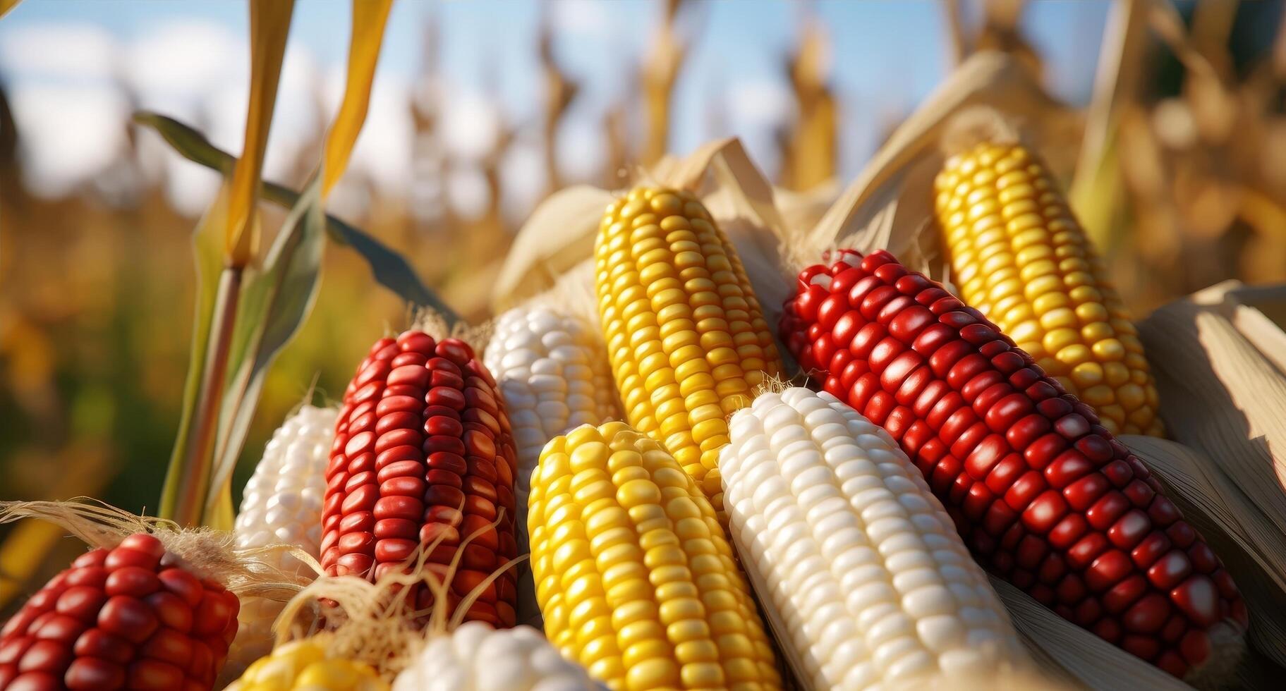 Vibrant harvest of colorful corn cobs photo