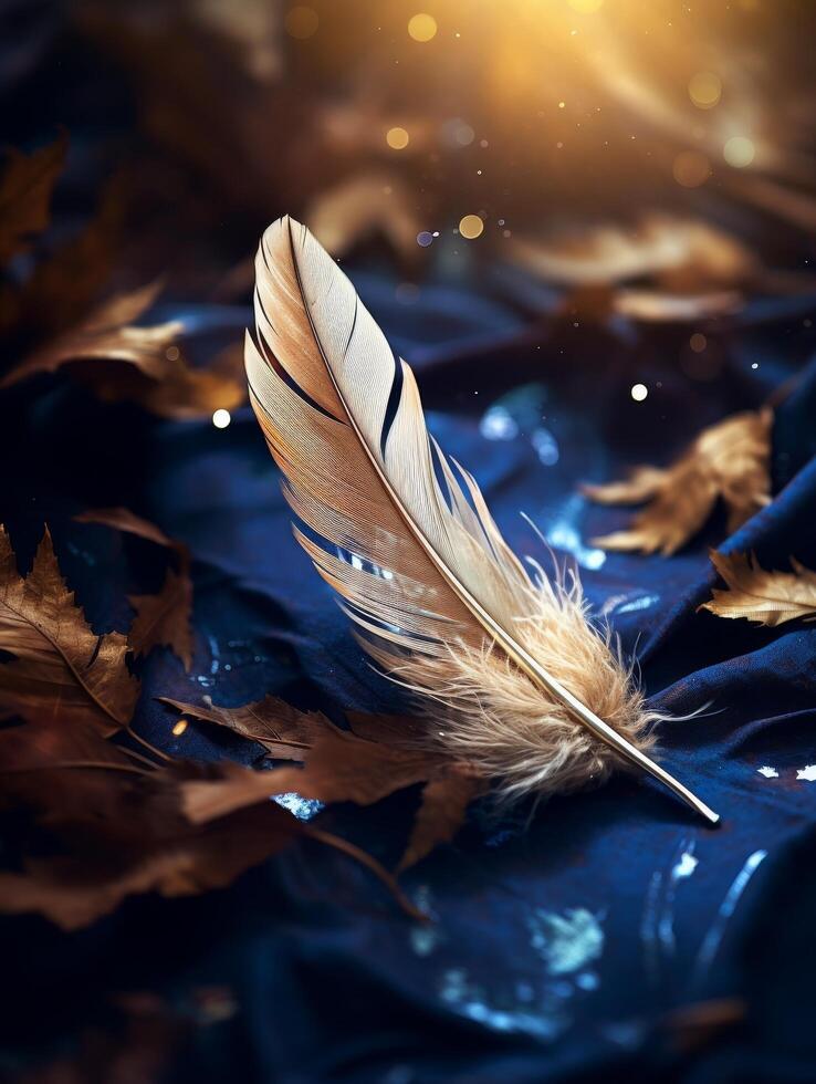 Magical feather floating on water with glowing lights photo