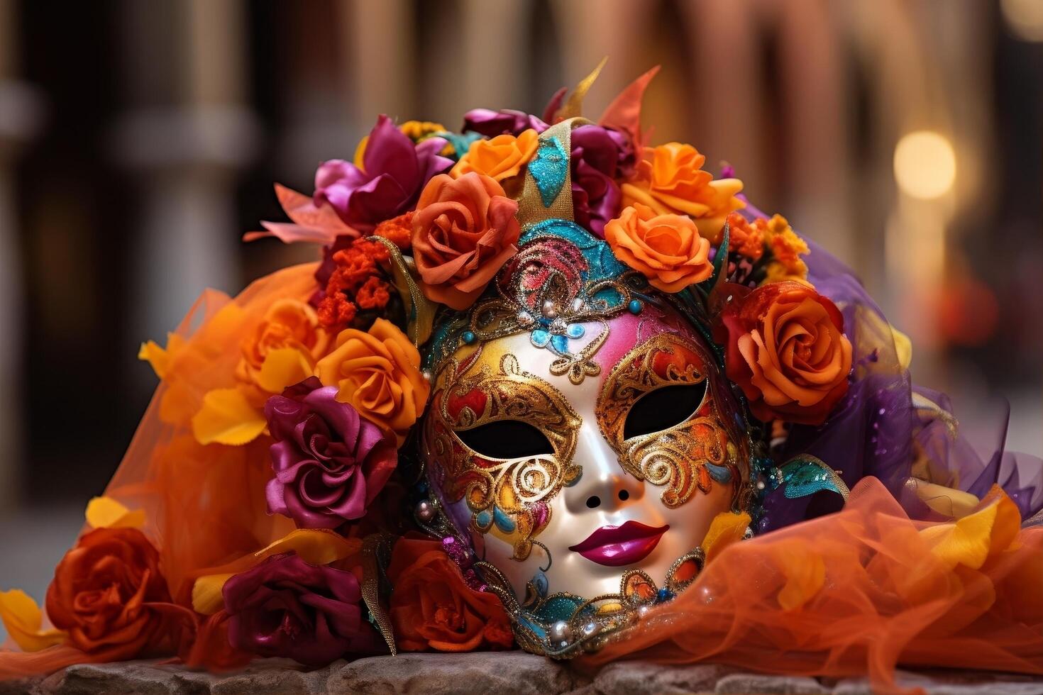 Vibrant Venetian Carnival Mask with Floral Accents photo
