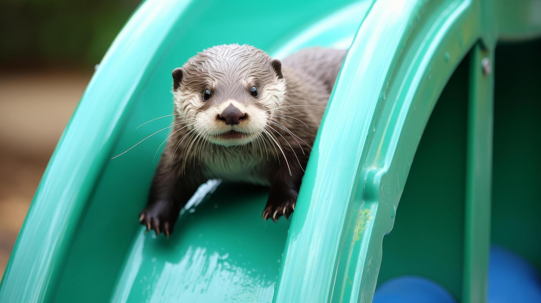 Cute otter peeking out from a green slide photo