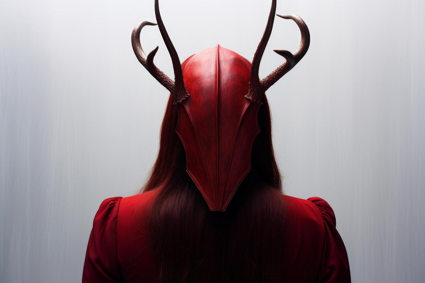 Mysterious figure in red robe with antler like horns photo