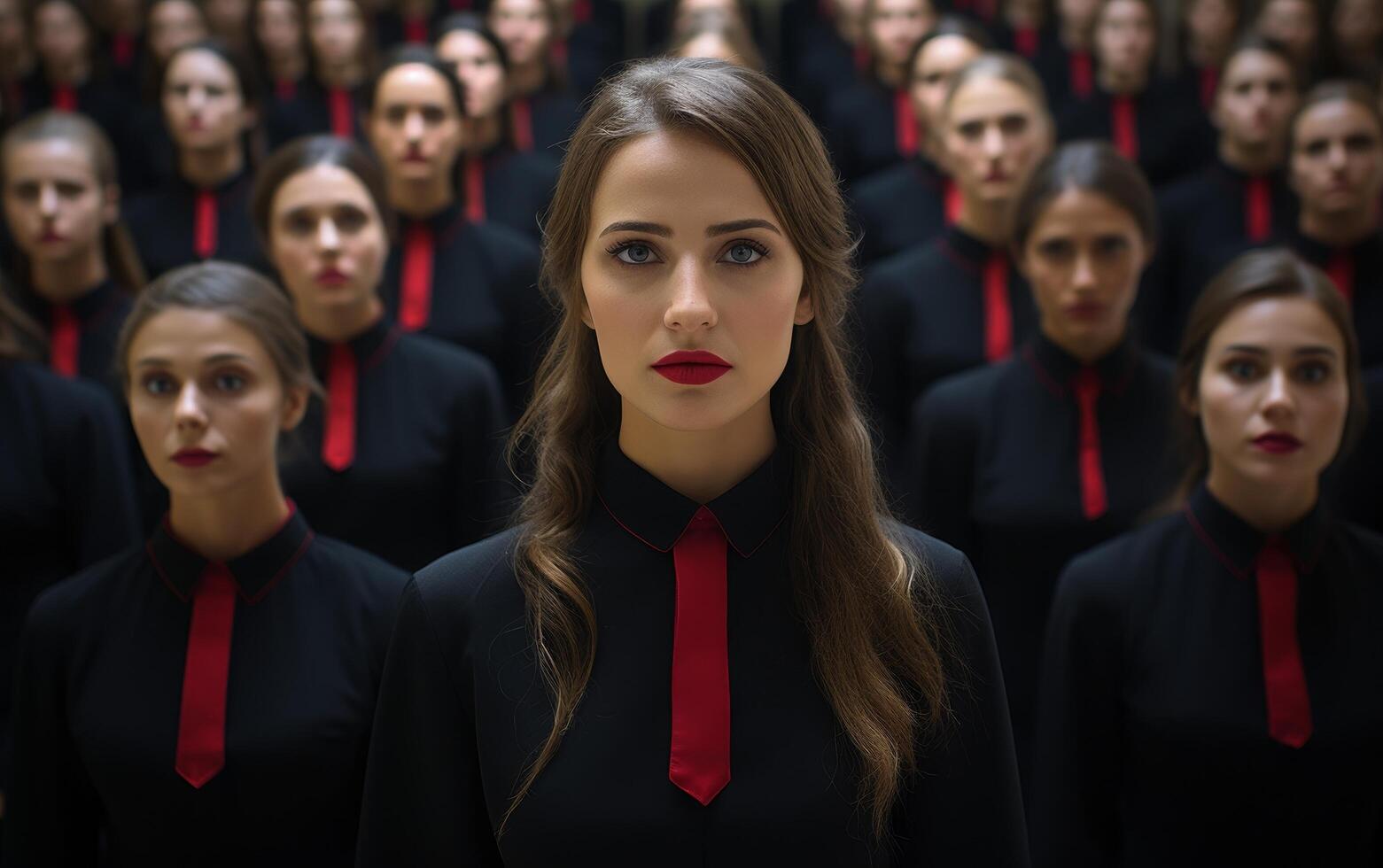 Serious young woman in black uniform with red tie leading a group photo