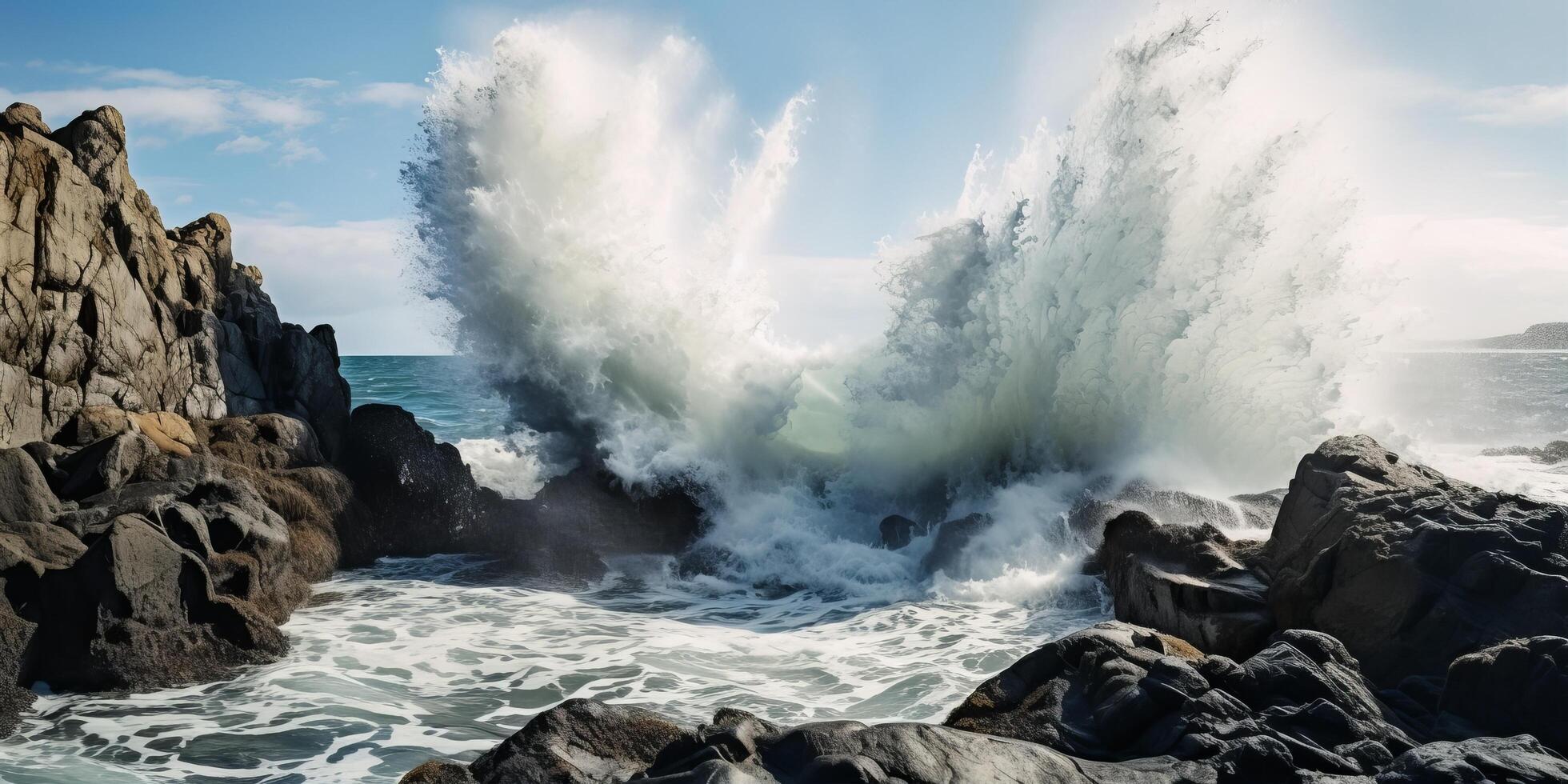 Powerful waves crashing against rocky coastline photo