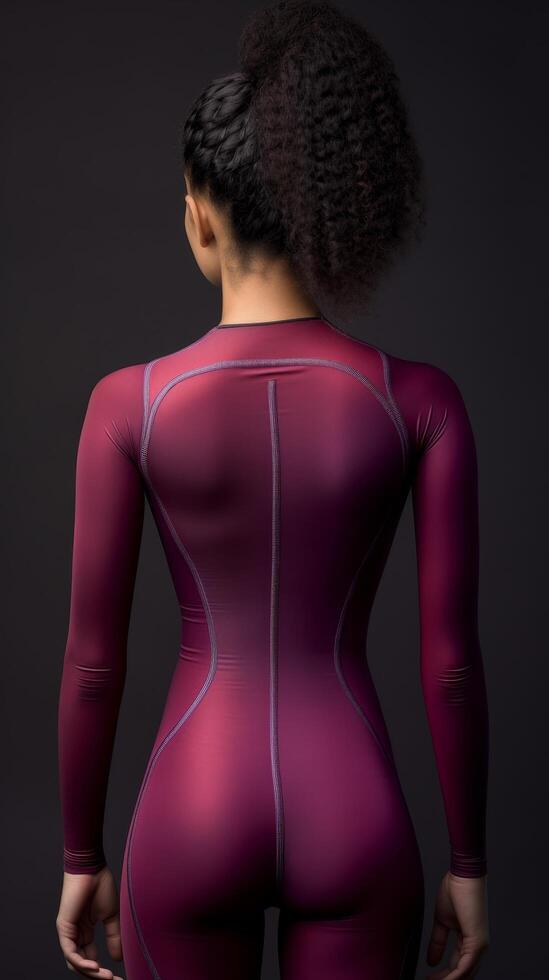 Rear view of a person wearing a tight fitting athletic outfit photo