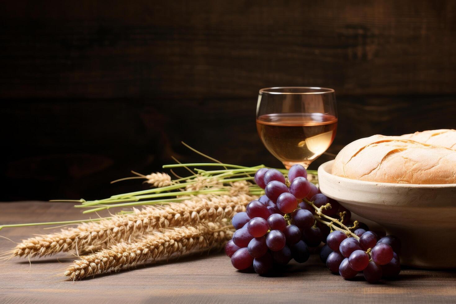 Still life with wine, bread, and grapes photo